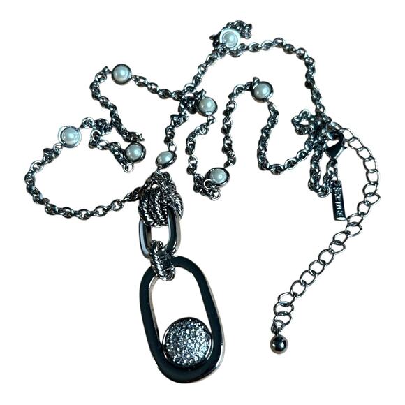 White House Black Market WHBM Silver Tone Long Necklace Reversible Pendant - Picture 2 of 5